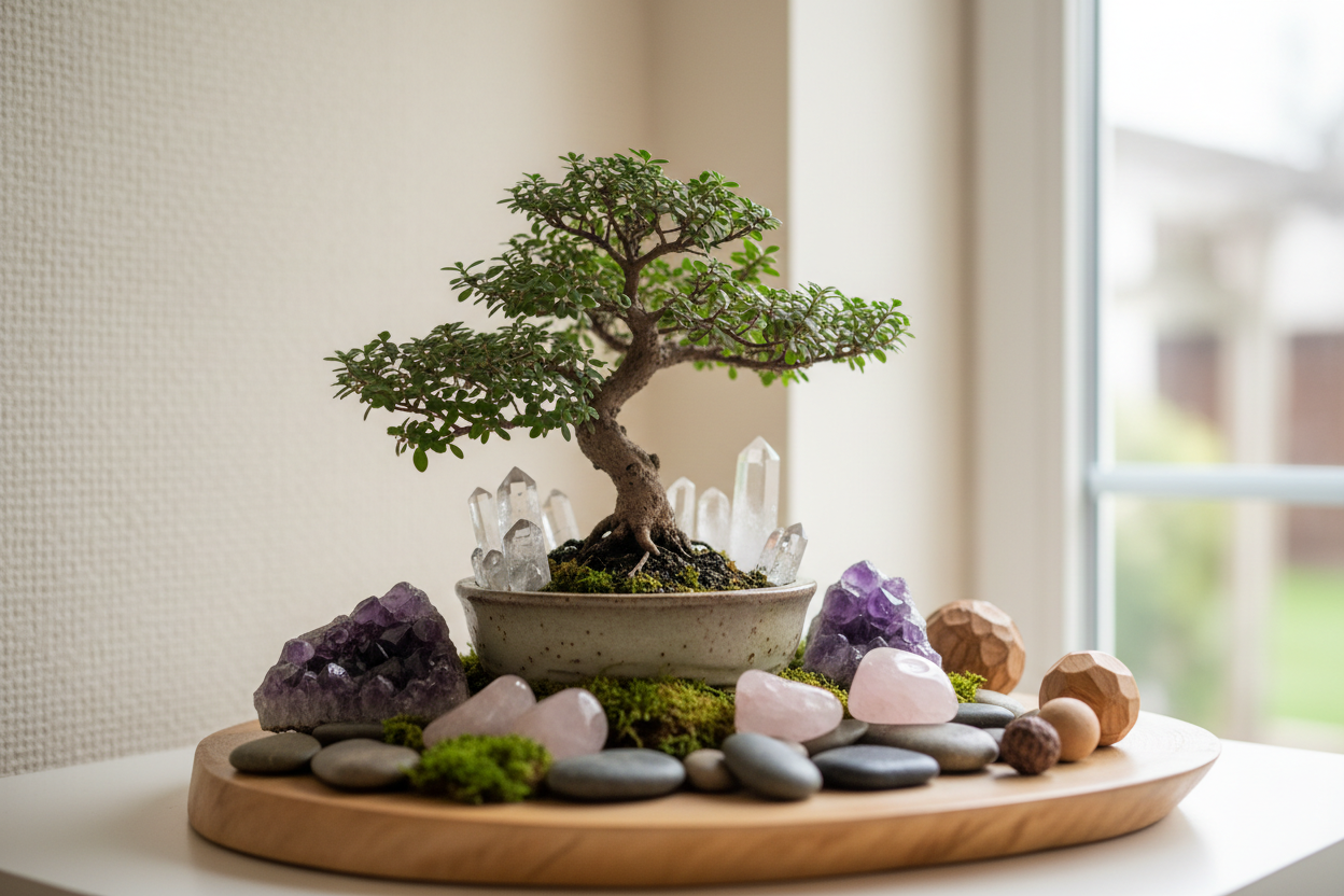 Spiritual, but artisan, soft and tree inspired, bonsai, nature and crystals 
Transform the way you feel, live, and work.
Intuitive energy healing, artisan home upgrades, and modern workplace wellness — designed to realign your space, your mindset, and your inner world.